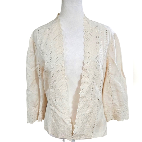 ADRIANNA PAPELL Linen Lace Trim Open Front Cardigan/jacket/Top In Cream. Size 8 - Picture 1 of 12